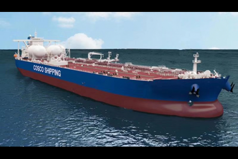 A rendering of the first dual-fuel VLCC and its twin Type C 3,500cbm fuel tanks. (Copyright: DSIC)